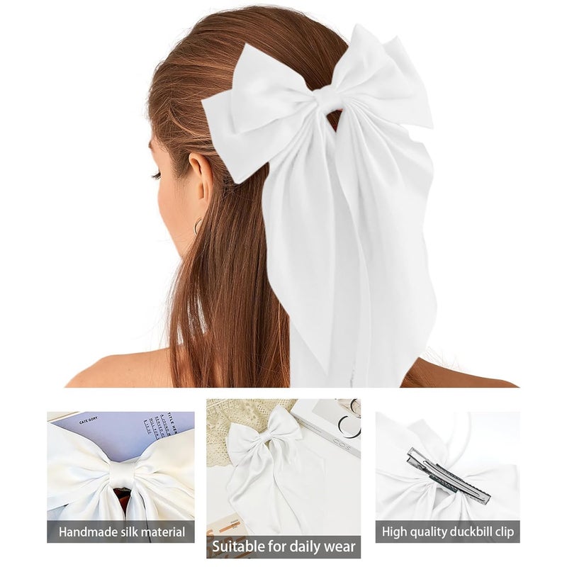 illpta Hair Bow for Girls,Cute Bow Hair Clips for Women Oversized Satin Hair clips Long Ribbon Hair Accessories Gifts for Girl (Pure white) - Image 3